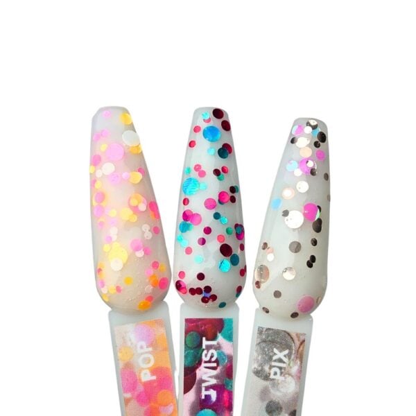 dreamy dots collectiontri glitter nijanse s velikim i malim konfeti česticama koje lebde u prozirnoj bazi - cici nails