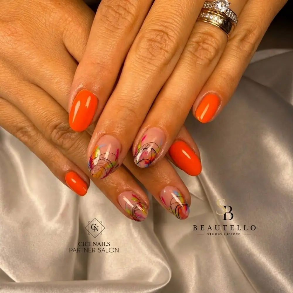 cici nails ljetna narancasta manikura sa neon apstraktnim nail artom na nude bazi ovalni gel nokti